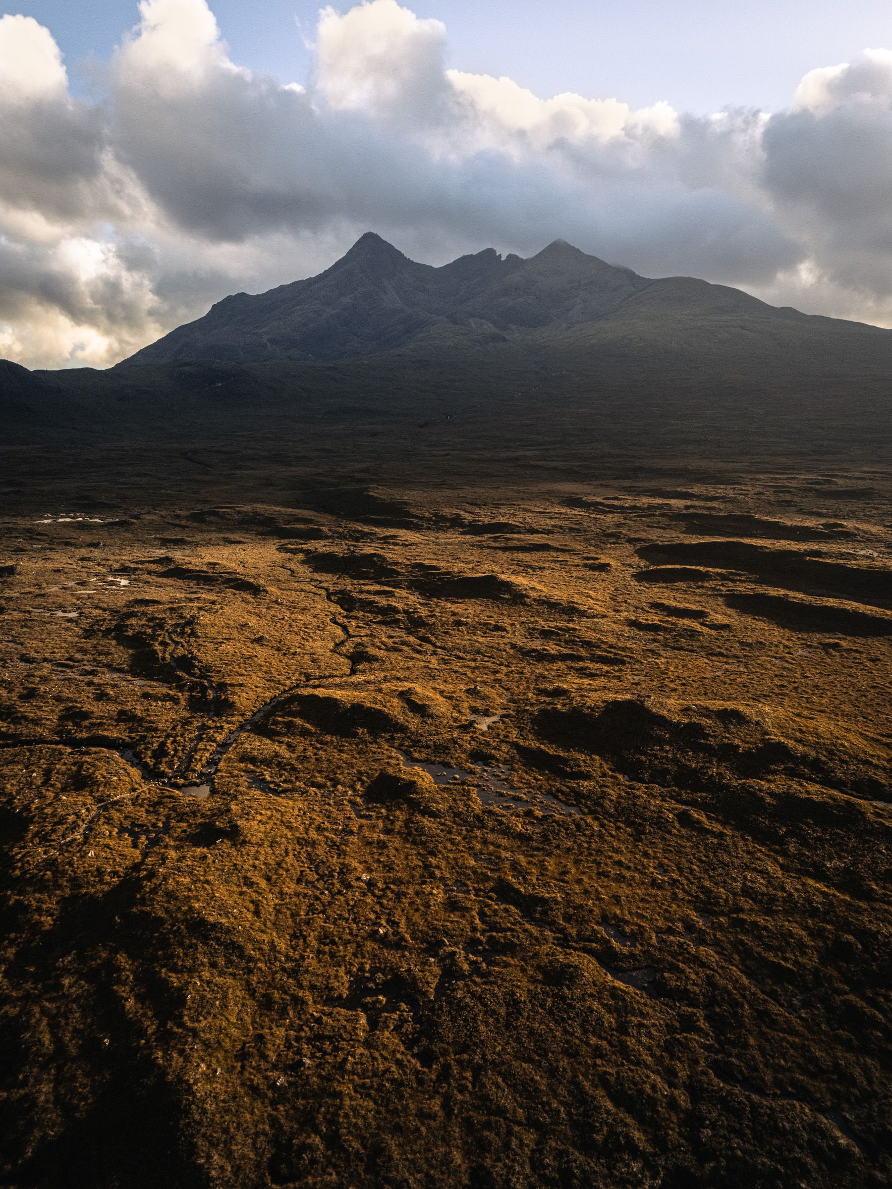 Aerial view of golden moorland in low light, with a jagged mountain ridge beneath heavy cloud